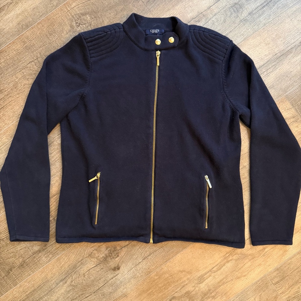 Chaps Women's XL Cardigan Navy Jacket Gold Zipper Snaps Preppy Coastal Old Money
